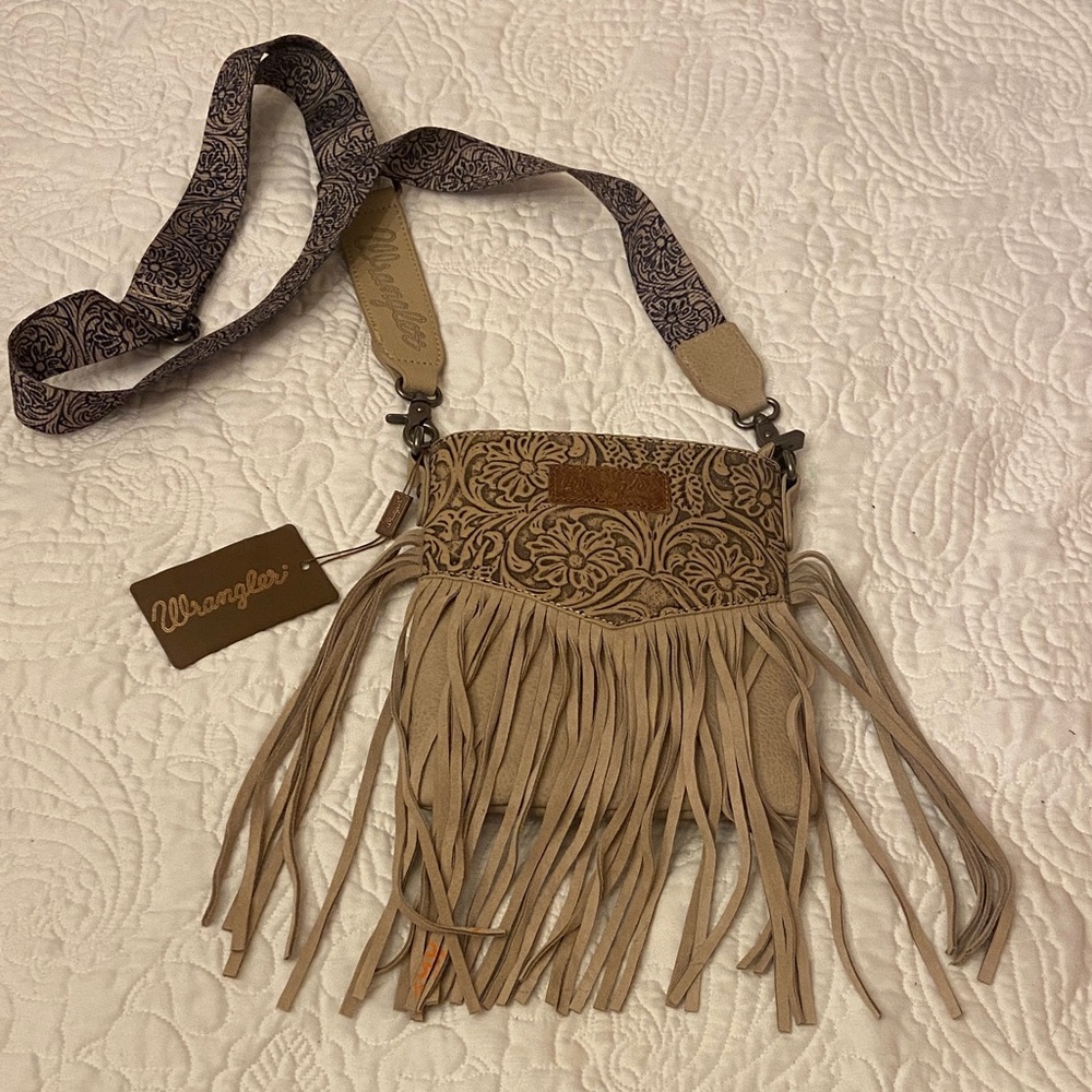 Wrangler Beige and Brown Floral Fringe Crossbody Bag